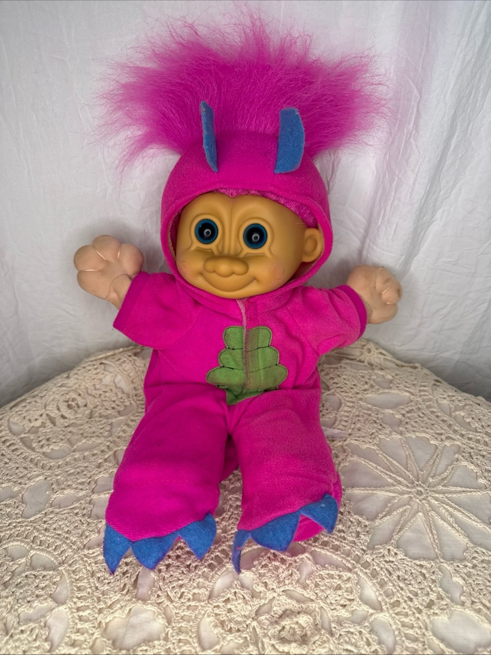 Russ Pink Troll Doll as Dinosaur with Blue Accents and Green Patch
